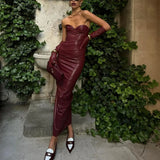 Toloer Women's Wear 2024 Temperament PU Skin Hot Girl With Chest Strap Fold Slit Dress-Outfit