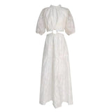 Casual Print Dress For Women Stand Collar Puff Sleeve High Waist Cut Out Midi Summer Dresses Female Clothing