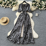 Dress Holiday Wear Chic Light Leisure V Collar Short Sleeves Tight Waist High Waist Thin Leg Print Jump