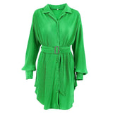 Drape Elegant Women Pleated Dress Long Sleeve Green Shirt Dress With Sashes Lapel 2022 Loose Dresses Female