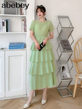 New Summer Temperament All-match O-neck short sleeve Dress waist slim multi-layer Ruffles cake