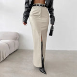 Toloer Women's Wear 2024 Leather Design Sense Open Fork Solid Color High Waist Simple Leather Slim Body Skirt-Outfit