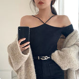 Off Shoulder Knitted Sweaters 2022 Long Sleeve Autumn Vintage Lady White Black Tops Women Sweater Mujer Pull Femme