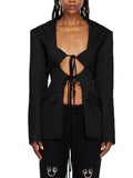 Toloer Spring Fashion Sexy V-Shaped Tie Hollow Out Waist Irregular Splicing Design Sense Suit Jacket Female-Outfit