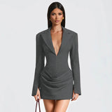 Women's Autumn And Winter New Temperament Solid Color V Collar Folding Waist Suit