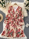 Autumn Women Floral Draped Mini Dress Bohemian Female V-Neck Puff Long Sleeve High Waist Bandage Pleated Vestido Female Robe