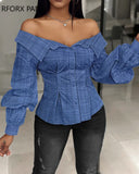 Women Chic Solid Off Shoulder Button Long Sleeves Casual Blouses Tops-Outfit