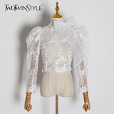 Lace Embroidery Perspective Shirt For Women Stand Collar Puff Long Sleeve Slim Blouses Female Fashion