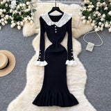 Retro Doll Collar Horn Sleeve Dress Women Autumn Waist Thin Temperament Knitted