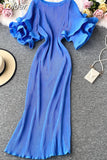 Korean Pleated Women Dress Flare Short Sleeve O-neck Causal Dresses 2023 Summer Long Robe Fashion Vestidos