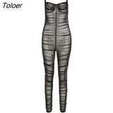 Sexy Tight Bodycon Slim Jumpsuit And Playsuits One Pieces Pant Clubwear Mesh Jumpsuits Strapless Romper Overalls