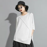 Women Black Asymmetrical Sittch Big Size T-shirt New Round Neck Long Sleeve Fashion Tide Spring Autumn 2023