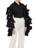 Fashion Women's Shirt Lapel Single Braested Long Sleeve Spliced Bow Hollow Out Black Blouse Female Spring 2023 New