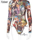 Printed Sexy Bodysuit Women Long Sleeve Mock Neck Rompers Autumn Winter Basic Body Under Match Clothing Party Club