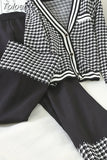 Women Knit Houndstooth Cardigan Long Sleeve Sweater Tops + Wide Leg Pants Sets Elegant V-neck Knitwear Trousers 2 Piece