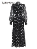 TWOTWINSTYLE Spring Midi Dress For Women V Neck Long Sleeve High Waist Polka Dots Colorblock Dresses Female Clothing 2022