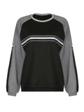 Patchwork Striped Crew Sweatshirt-Outfit