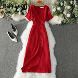 Office Ladies Dress Elegant Buttons Casual Slim Slim Vintage Romance Party Women Dress Red Pink Yellow Vestidos