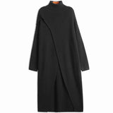 Women Blue Slit Big Size Knitting Long Dress New Turtleneck Long Sleeve Loose Fit Fashion Tide Spring Autumn 2023