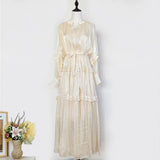 Temperament Dress 2025 New V-Neck Lantern Sleeves Folded Long Silk Dress