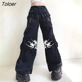 Eyelet Buckle Black Punk Goth Jean Fashion Woman Techwear Dark Academic Print Egirl Cargo Pants High Waist Denim