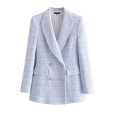 Women Fashion Double Breasted Tweed Check Blazer Coat Vintage Long Sleeve Pockets Female Outerwear Chic