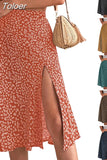 Women Summer Green Boho Midi Skirts Elegant Split Thigh Print Long Length High Waist Slit A Line Korean Fashion