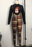 Casual Print Long Sleeve Top And Plaid Suspender Pant 2 Piece
