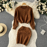 Winter OL Solid Sweater Sets Women O Neck Knitwear Top+High Waist Short Skirt Korean Casual Knitted Two Pieces