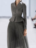 Fashion Women's 2 Pcs Set V-neck Long Sleeve Spliced Grey Blazer Loose High Waist Folds Skirt Suits Autumn 2023 New