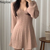 Vintage Woman Dresses V-neck Lantern Sleeve Knit Robe Elegant Vestidos De Mujer Fashion Korean Sweater Y2K Mini