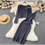 Beading Knitted Women Sets Loose Long Sleeves Sweater+ Solid Elastic Dress French Style Casual Two Piece