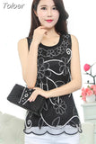 Sleeveless Chiffon Blouse Lace Flower Sequined Shirt Ladies Tops 2023 Summer Oversized Blouses Woman Black White