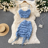 Lace Drawstring Women Summer Set 2022 Ruched Zipper Elastic Top Sexy Vacation Party Club Mini Skirt Two Piece