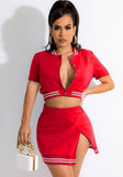Fashion Sport Baseball Short Sleeve Crop Top And Slit Skirt 2 Piece