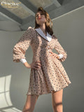 Fashion Print Women'S Dress 2022 Elegant Slim Lapel Lantern Sleeve Office Lady Mini Dresses Vintage Classic Female