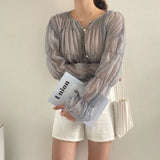 Graduation party gift Korean Fashion Pleated Casual Blouse Women Summer New Loose Folds Perspective Chiffon Shirt Long Sleeve Tops Blusas