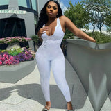 Ribbed Romper Jumpsuit Solid Color Sleeveless Deep U Neck Skinny Slim Tight Elastic Home Gym Casual