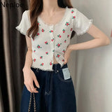 Knitted Cardigan Crop Top Women Summer 2023 Floral Lace Patchwork Shirt Single Breasted Cute T Shirts Short Sleeve