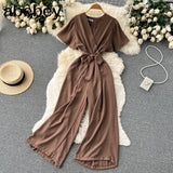 V Neck Jumpsuits Summer Female Irregular Casual Rompers Women Wide leg Summer Overalls
