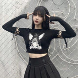 Graduation party Drawstring Patchwork Long Sleeve Crop Top Printed Gothic Bodycon T Shirt Women Streetwear Punk Black Autumn Fashion