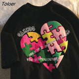 Cotton Lovely Rainbow Heart Puzzle Graphic T Shirts Hip Hop Fashion Kawaii Clothes Ropa Large 2XL Mujer Y2k Top