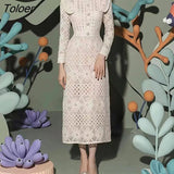 Elegant Lace Dress Women 2023 Spring Summer Hook Flower Hollow Bodycon Dress Women High Waist Diamond Button