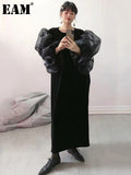 Women Black Big Size Velour Dress New Round Neck Organza Puff Sleeve Loose Fit Fashion Tide Spring Autumn 2023