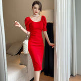 Style Vintage Square Collar Puff Sleeve Midi Party Dress Ladies OL Elegant Streetwear Backless Female Bodycon Split