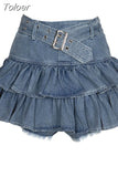 Belts Y2k Pleated Denim Skirt Women Sexy Egirl Double Layer Ruffle Patchwork High Waist Jean Skirt Shorts Punk