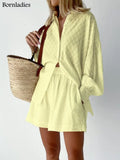 Summer White Elegant Jacquard Fabric Soft Vacation Suits Women Long Sleeves Shirts And Hot Pants Two Pieces