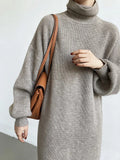 Women's Roll Collar Turtleneck Lantern Sleeves Knitted Dress Purple Gray White Brown Straight Sweater
