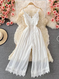 Summer Women Lace Chiffon Romper White Sexy V-Neck Sleeveless Wide Leg Hollow Out Spaghetti Strap Party Beach Jumpsuits