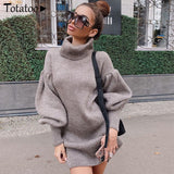 Totatoop Knitted Winter Dress Big Lantern Sleeve Turtleneck Bodycon Sweater Dress 2020 Casual Solid Soft High Street